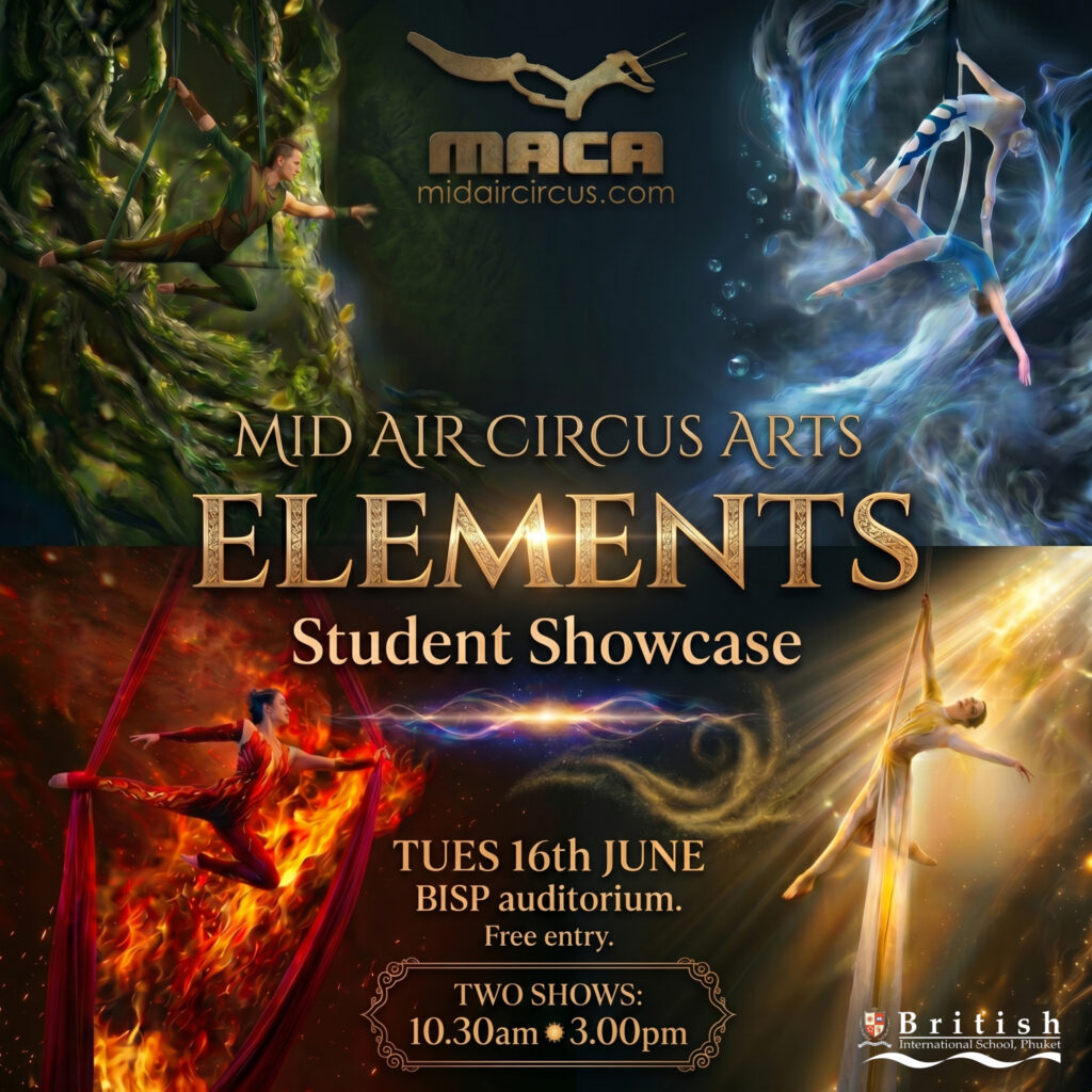 Mid Air Circus Arts ELEMENTS student showcase poster featuring four aerialists performing on silks and hoops. Event held on Tuesday 16th June at BISP Auditorium, Phuket.